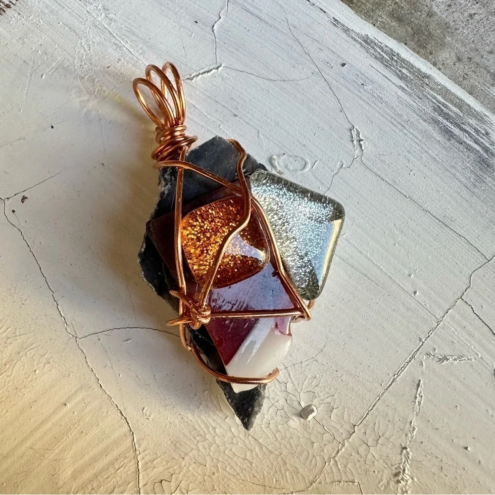 Artisan pendant necklace OOAK Handcrafted Wire-Wrapped Glass and Natural Stone